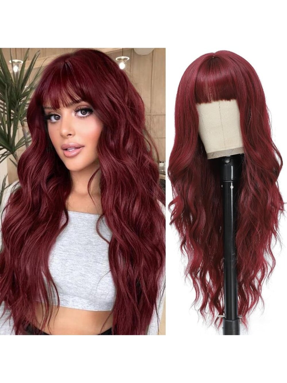 Women's Burgundy 26 Inch Natural Looking Heat Resistant Synthetic Wigs Bangs